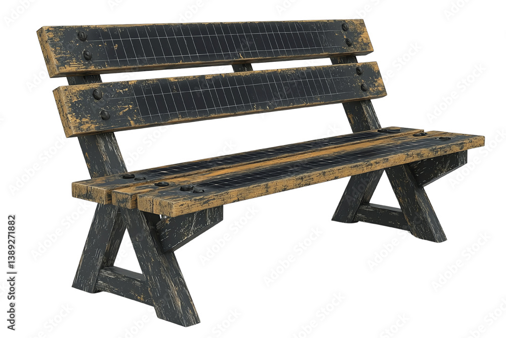 Fototapeta premium Wooden bench with a rustic design, suitable for outdoor or garden settings.