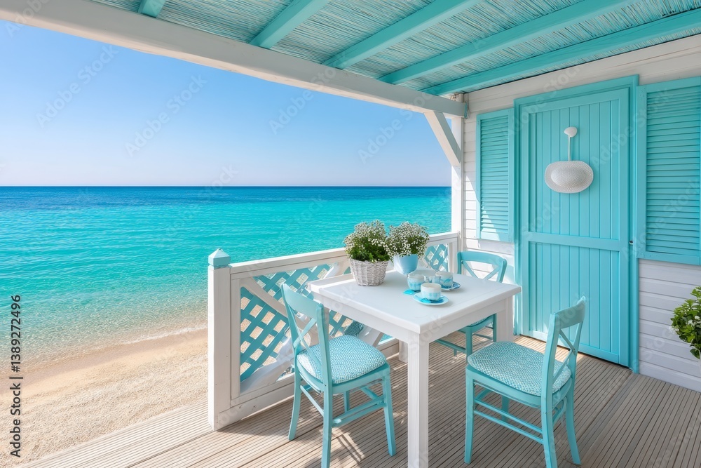 Fototapeta premium A cozy beachside bungalow with an open terrace, overlooking the turquoise sea