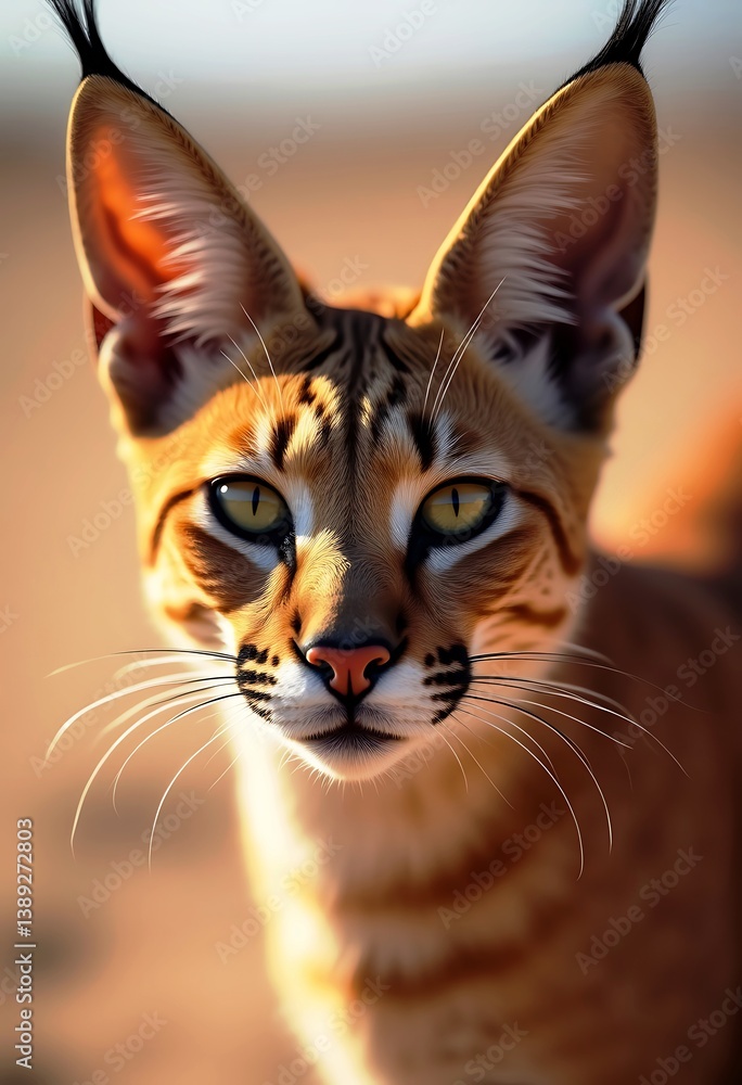 Fototapeta premium A striking close-up portrait of a Caracal cat with pointed ears, sharp eyes, and intricate facial markings. The image highlights the cat's alertness and captivating gaze