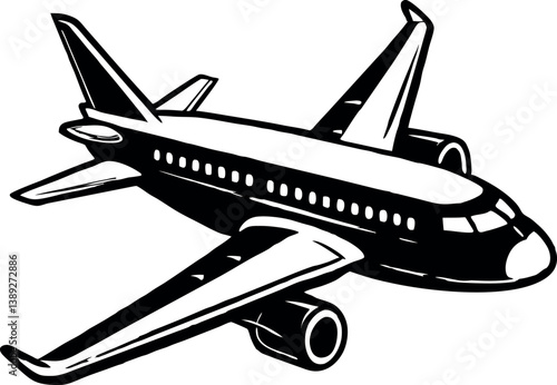 A Black and White Illustration of a Passenger Airplane in Flight vector silhouette line art