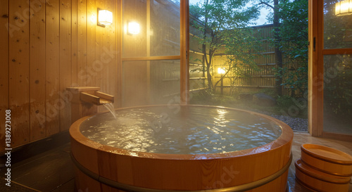 露天風呂付き客室。日本の温泉旅館イメージ。