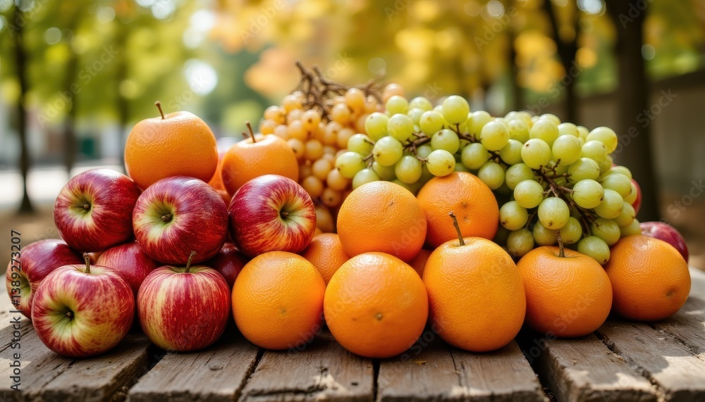 A vibrant assortment of fresh fruit, including apples, oranges, and grapes, arranged on a rustic wooden table under the warm sun A vibrant assortment of fresh fruit, including apples, oranges, and grapes, arranged on a rustic wooden table under the warm sun
