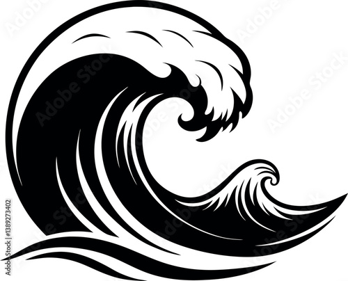 Powerful Ocean Wave Black and White Illustration Stylized Graphic Design Art vector silhouette line art