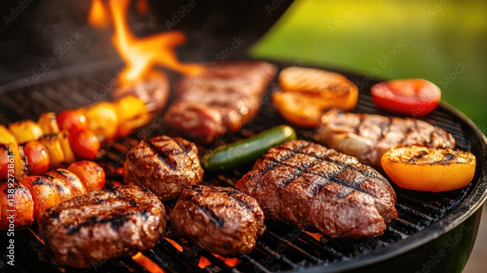 Grilled assorted meats and vegetables on barbecue grill - outdoor cooking for summer gatherings and dining Grilled assorted meats and vegetables on barbecue grill - outdoor cooking for summer gatherings and dining