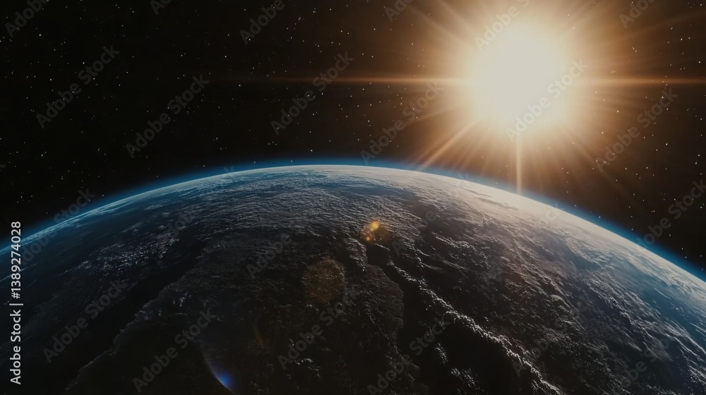 Fototapeta premium High-resolution shot of Earth in space, illuminated by the sun with blue lighting at the front. The dark background and anamorphic lens flare add cinematic depth