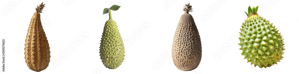 Four unique seed pods showcasing diverse textures and shapes. Four unique seed pods showcasing diverse textures and shapes.