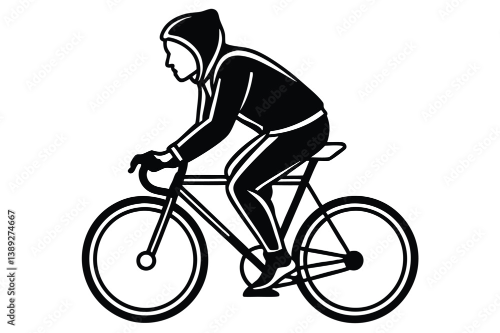Naklejka premium A man bicycling silhouette wearing a hoodie, using flat solid black color design, vector illustration design on a white background.