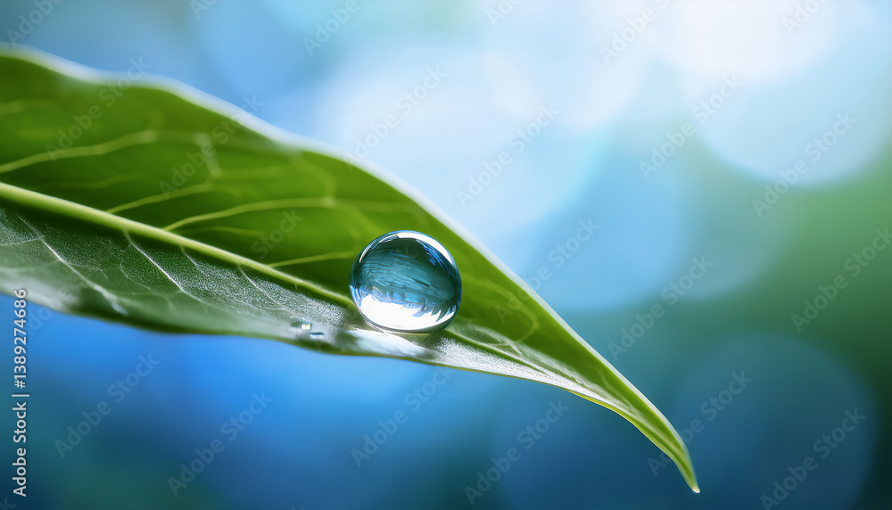 A clear droplet of water resting on a green leaf A clear droplet of water resting on a green leaf
