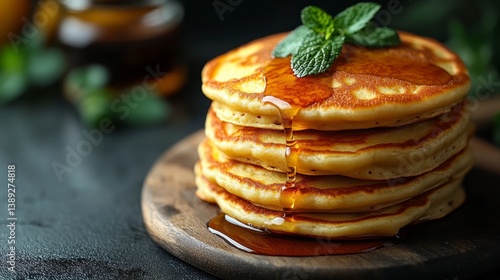Wallpaper Mural Stack of pancakes topped with syrup and mint on a wooden board Torontodigital.ca