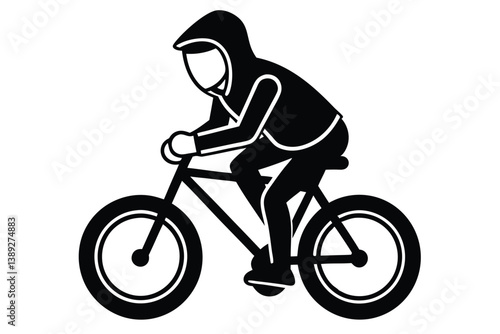 A man bicycling silhouette wearing a hoodie, using flat solid black color design, vector illustration design on a white background.