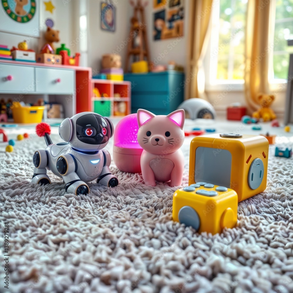 Robot toys in playroom. Various interactive robot toys including a dog, cat, and cube on a fluffy rug in a colorful children's playroom.