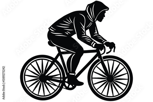 A man bicycling silhouette wearing a hoodie, using flat solid black color design, vector illustration design on a white background.