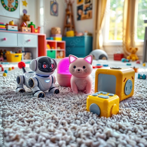Robot toys in playroom. Various interactive robot toys including a dog, cat, and cube on a fluffy rug in a colorful children's playroom.