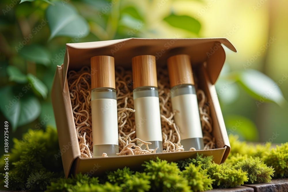 Essential oils gift set. Three clear glass roller bottles with wooden caps nestled in shredded paper inside a brown gift box on a mossy surface.