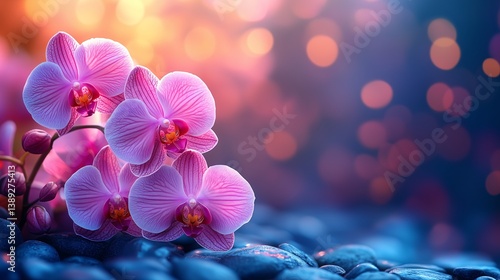 Pink Orchids on Stones with Bokeh Background