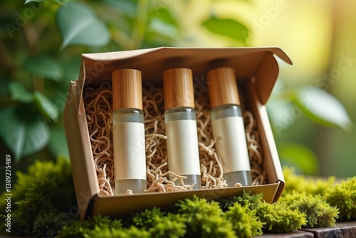 Obraz na płótnie Essential oils gift set. Three clear glass roller bottles with wooden caps nestled in shredded paper inside a brown gift box on a mossy surface. w salonie