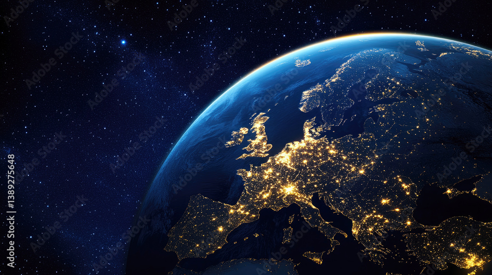 Obraz premium Stunning view of planet earth at night with glowing city lights in europe - space and geography conceptual art for science and education