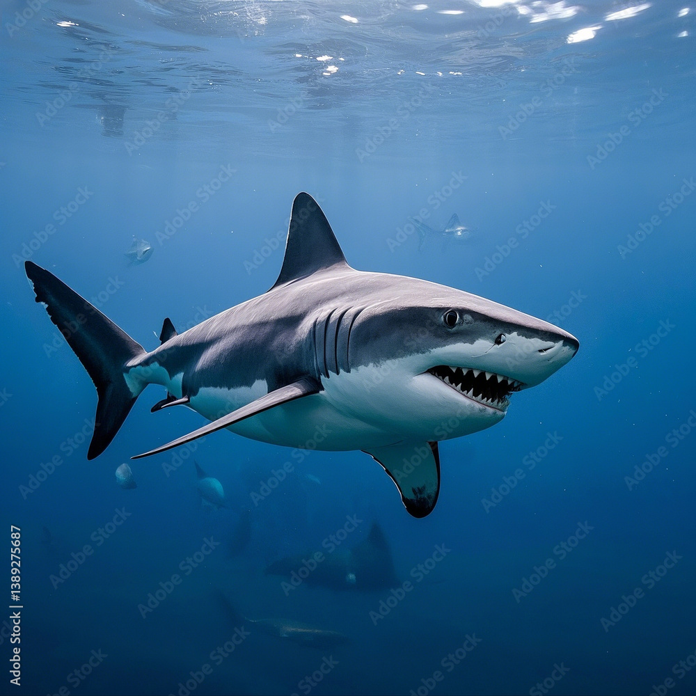 Obraz premium Great White Shark Swimming Underwater with Open Mouth and Sharp Teeth.