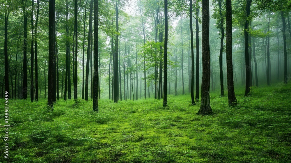 Fototapeta premium A lush green forest with tall trees in a misty atmosphere