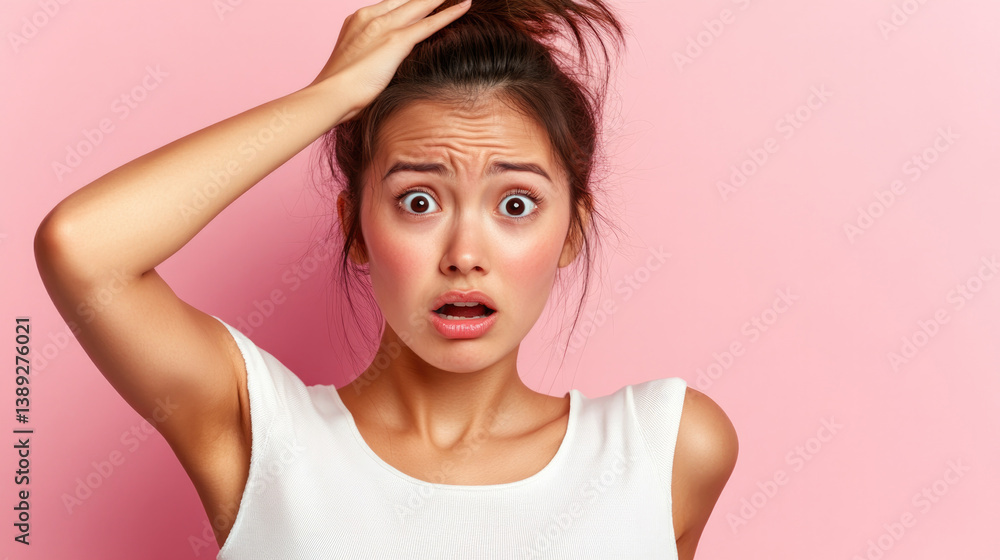 Surprised woman expressing emotion on pink background, summer leisure vibe for creative design Surprised woman expressing emotion on pink background, summer leisure vibe for creative design
