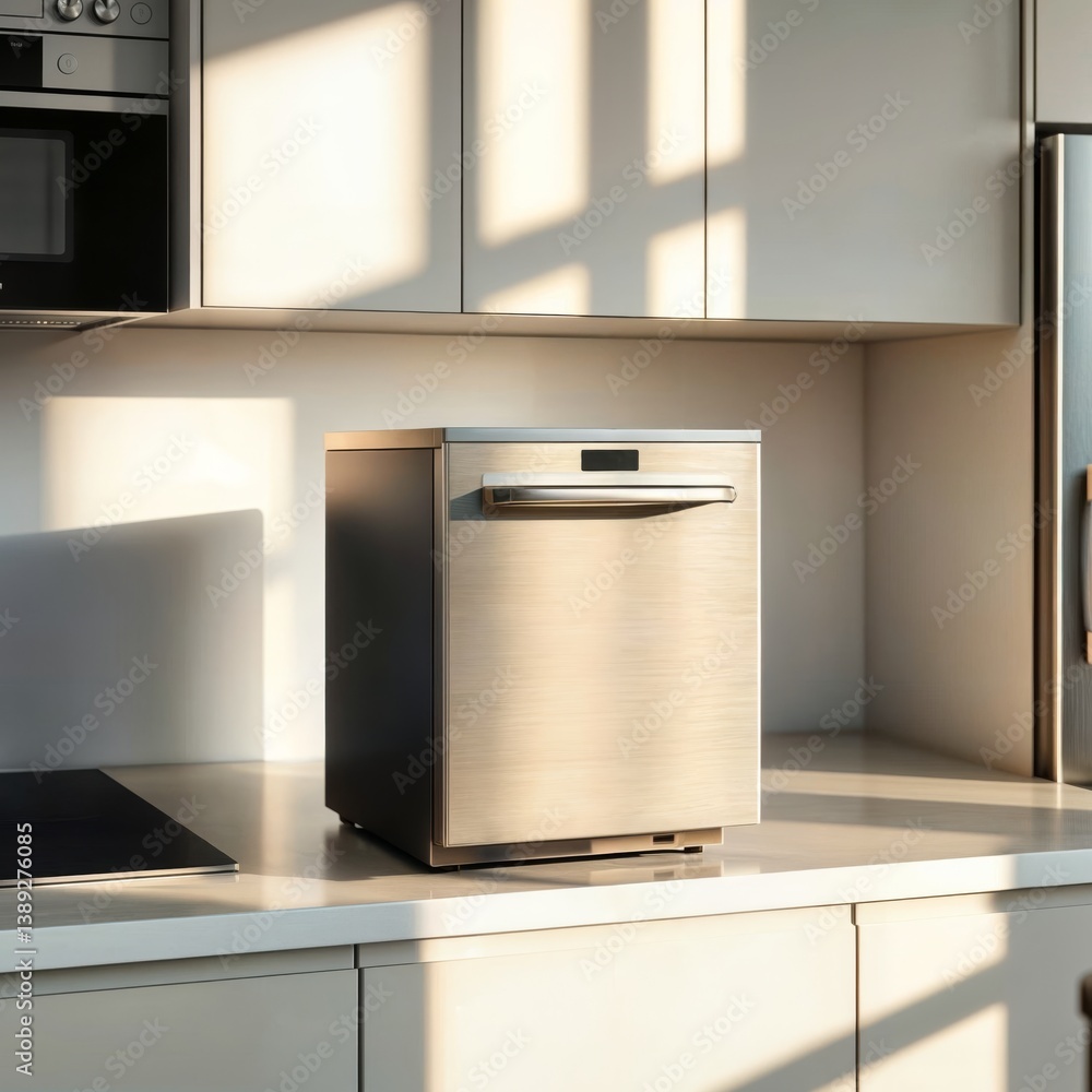 Modern dishwasher in kitchen. A compact stainless steel dishwasher is installed in a bright, modern kitchen with light-colored cabinets.