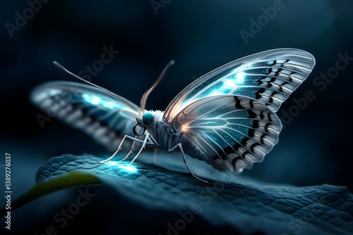 Delicate Butterfly with Glowing Wings on Leaf in Enigmatic Setting