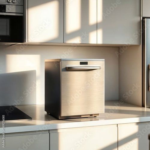 Obraz na płótnie Modern dishwasher in kitchen. A compact stainless steel dishwasher is installed in a bright, modern kitchen with light-colored cabinets. w salonie