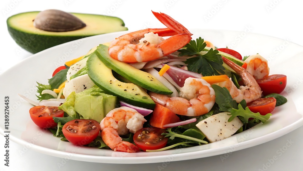 A delicious shrimp salad with avocado, tomatoes and cheese arranged on the plate. The vibrant colors of the ingredients offer an appetizing look A delicious shrimp salad with avocado, tomatoes and cheese arranged on the plate. The vibrant colors of the ingredients offer an appetizing look
