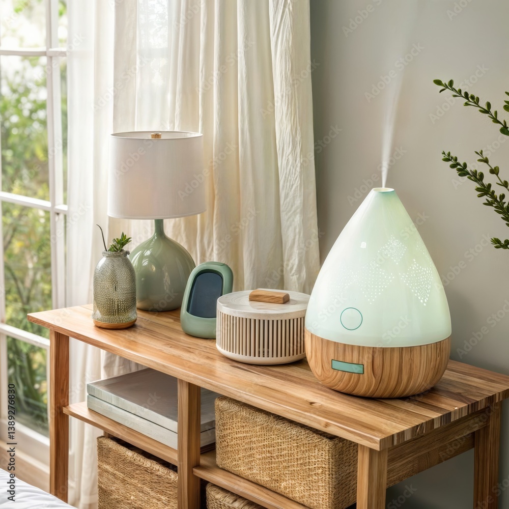 Aromatherapy diffuser on table. Diffuser emitting mist on wooden table near window and lamp.