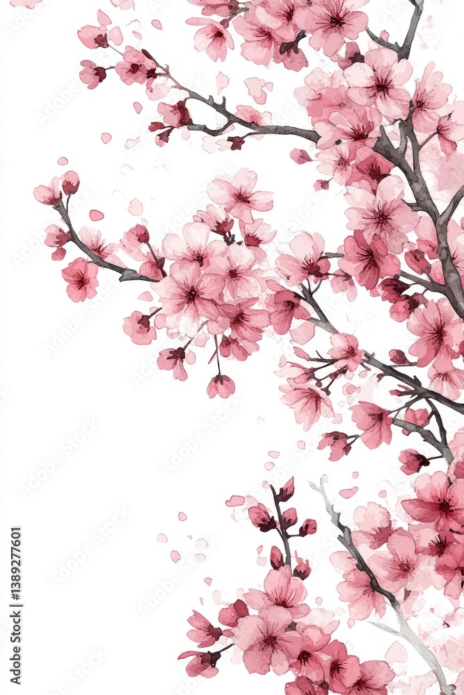 Naklejka premium Elegant Watercolor Painting Depicting Delicate Pink Blossoming Cherry Branches