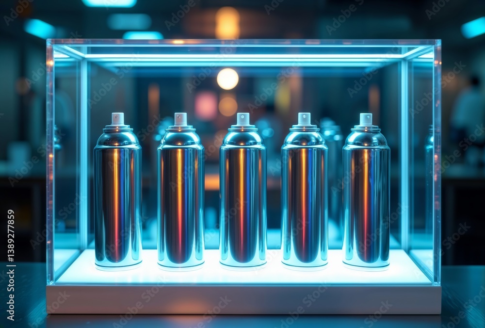 Five spray paint cans. Row of metallic spray cans displayed in illuminated glass case.
