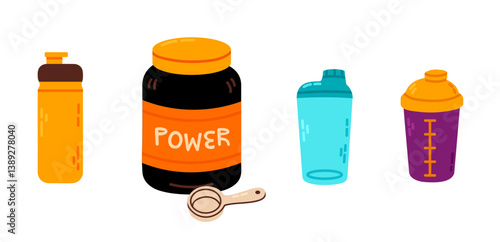 Flat illustration of a protein powder jar, scoop, and colorful shaker bottles for gym and fitness concepts