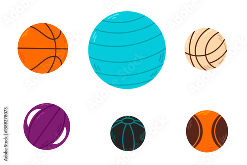 Colorful collection of sports balls including basketball, volleyball, football, and exercise ball