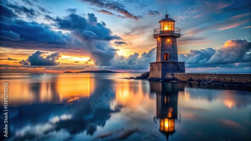 Serene Sunset Illumination A Coastal Lighthouse Reflecting Golden Hues in Calm Waters