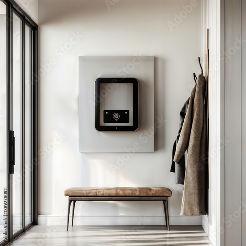 Obraz na płótnie Modern entryway with smart panel. Contemporary home entrance with a digital smart home control panel on the wall and a wooden bench. w salonie