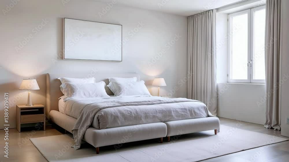 A minimal Scandinavian bedroom interior design featuring a neutral palette of grey and beige tones. The room with soft, natural light streaming through large windows A minimal Scandinavian bedroom interior design featuring a neutral palette of grey and beige tones. The room with soft, natural light streaming through large windows