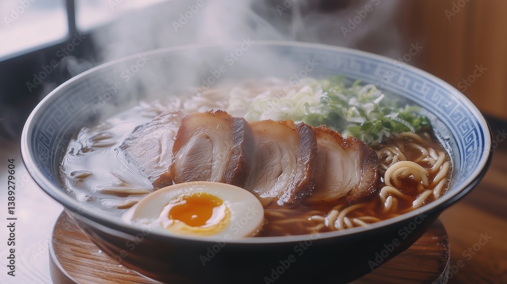 Steaming bowl of shoyu ramen with pork and soft-boiled egg, capturing warmth and comfort in every bite. Steaming bowl of shoyu ramen with pork and soft-boiled egg, capturing warmth and comfort in every bite.
