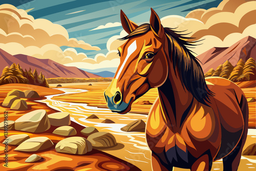 Brown horse standing in a dry rocky riverbed under harsh desert sunlight, calm and rustic desert scenes