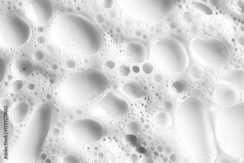 Wallpaper Mural Close-up shows many white bubbles, some large, some small, dense foam texture. Use as abstract backdrop, cleaning product ads, or hygiene related themes. Torontodigital.ca