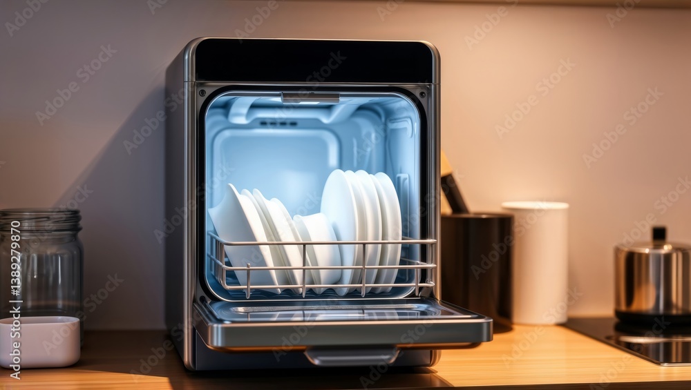 Tabletop dishwasher. Stylish compact dishwasher with open door showing organized white dishes in a wire rack with warm ambient lighting on wooden countertop.