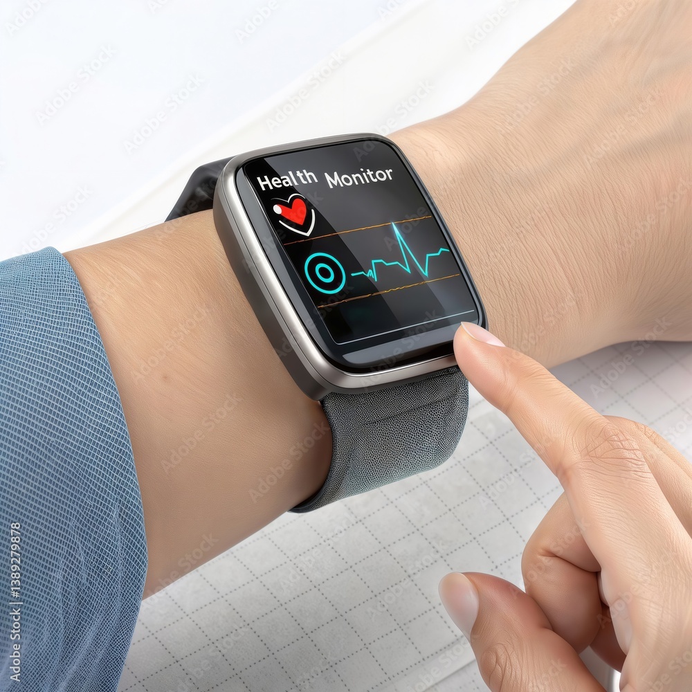 Health smartwatch interface. Close-up of a smartwatch displaying health monitoring features including heart rate tracking and ECG on the screen with a finger touching display.
