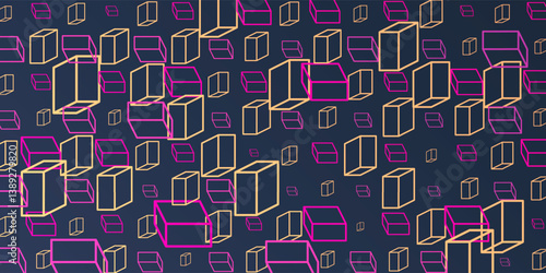 A vibrant abstract pattern of repeating 3D cubes in red, purpleand brown on a dark blue background. The bold geometric design and contrasting colors create a striking modern visual.