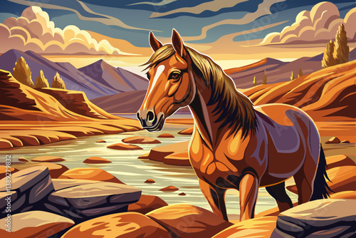 Brown horse standing in a dry rocky riverbed under harsh desert sunlight, calm and rustic desert scenes