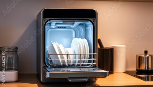 Obraz na płótnie Tabletop dishwasher. Stylish compact dishwasher with open door showing organized white dishes in a wire rack with warm ambient lighting on wooden countertop. w salonie