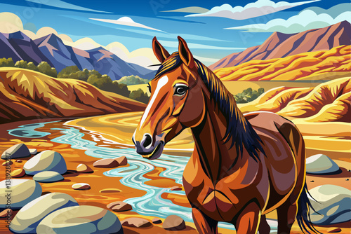 Brown horse standing in a dry rocky riverbed under harsh desert sunlight, calm and rustic desert scenes
