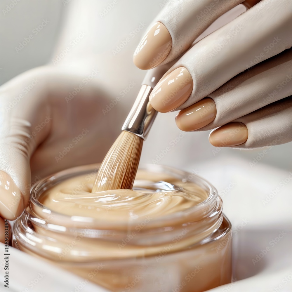 Nail polish application. Close-up of manicured hand with glossy peach nail polish using brush to apply foundation makeup from glass jar.