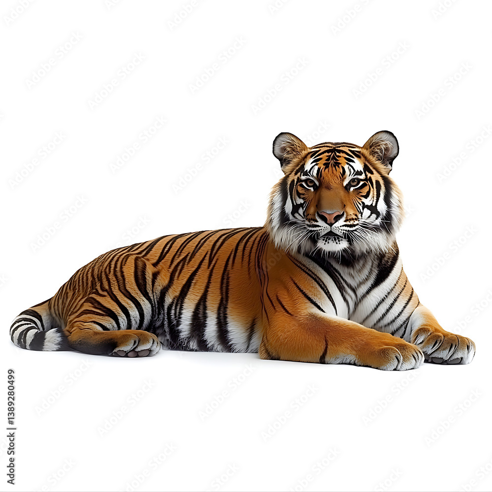 Obraz premium A majestic tiger lying down with striking orange and black stripes gazes directly at the viewer against a plain white background.
