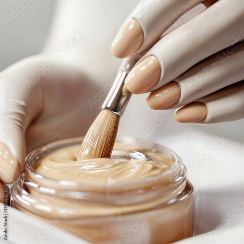 Obraz na płótnie Nail polish application. Close-up of manicured hand with glossy peach nail polish using brush to apply foundation makeup from glass jar. w salonie