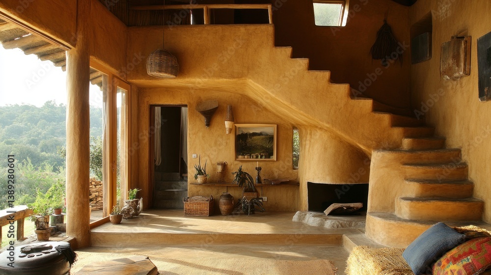 Rustic, earthy interior with a warm, natural aesthetic