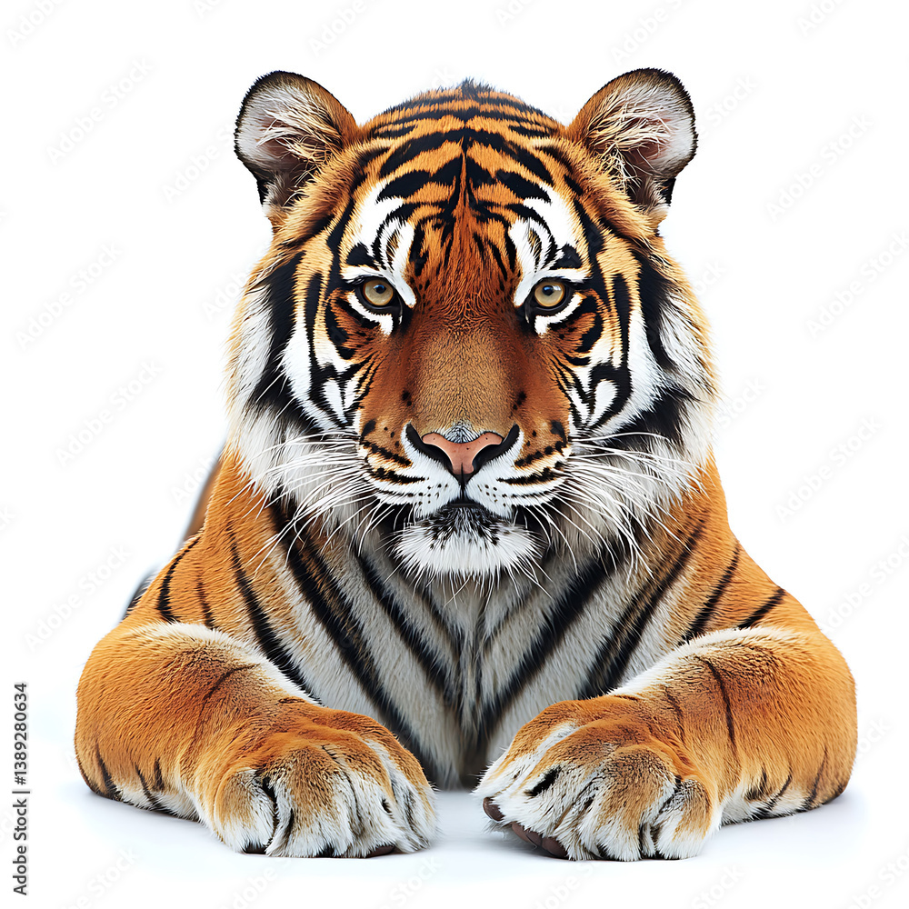 Fototapeta premium A majestic tiger posed front-facing showcases its striking orange and black stripes against a stark white background emphasizing its intense gaze.